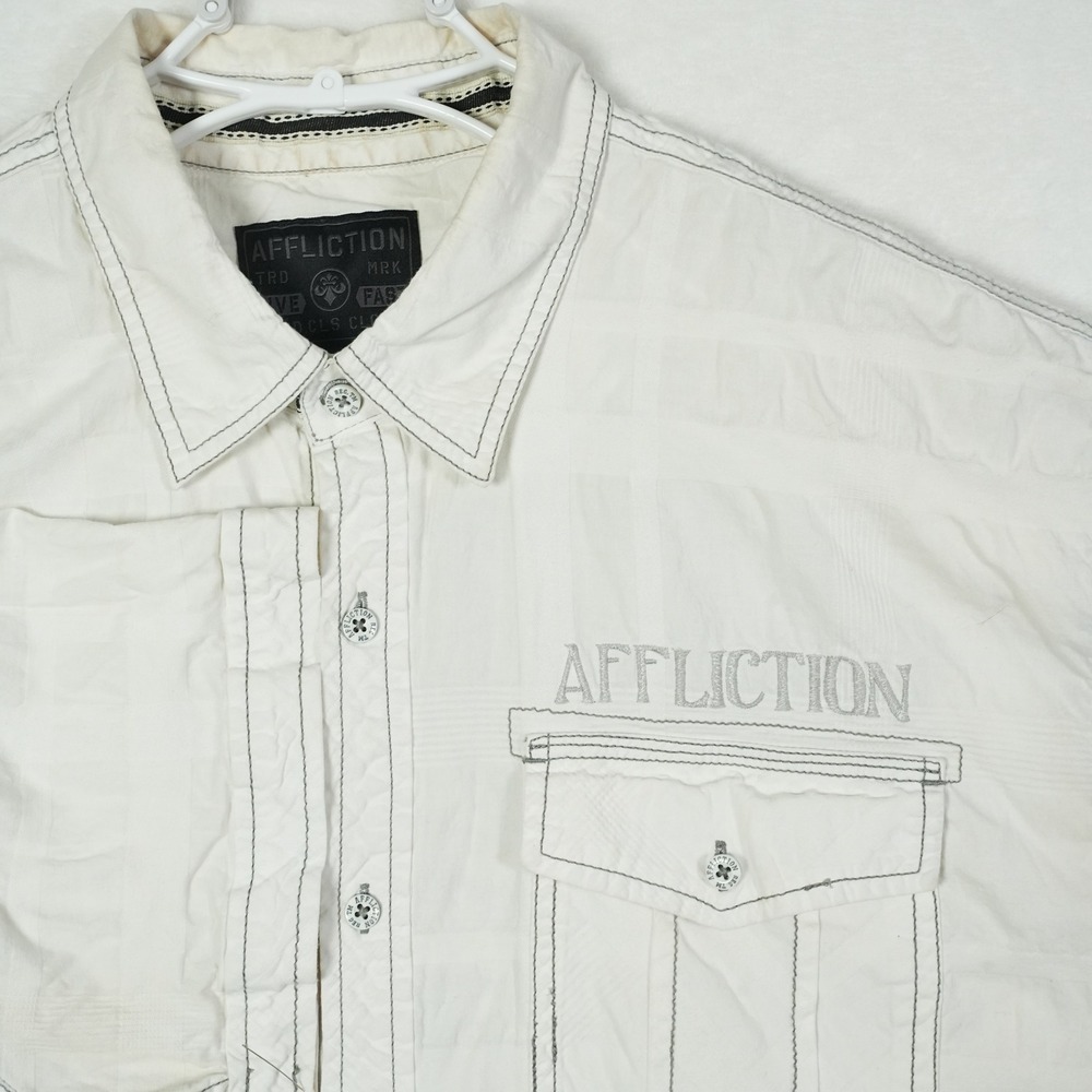 Affliction Mens 2XL White Short Sleeve‎ Button Up Embroidered Back Spade Shirt